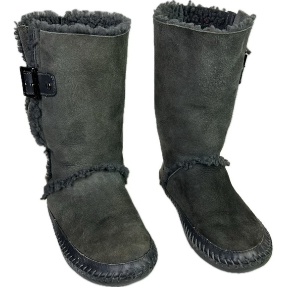 Tory Burch Moccasin Style Suede Shearling Boots with Buckles - Picture 2 of 13